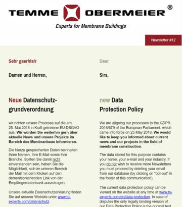 Neue Datenschutzverordnung - Newsletter Neue Datenschutzverordnung - Titelseite zum Newsletter