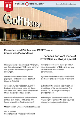 Temme // Obermeier Newsletter #6 Titelseite des Newsletter zum Thema Fassaden und Dächer aus PTFE